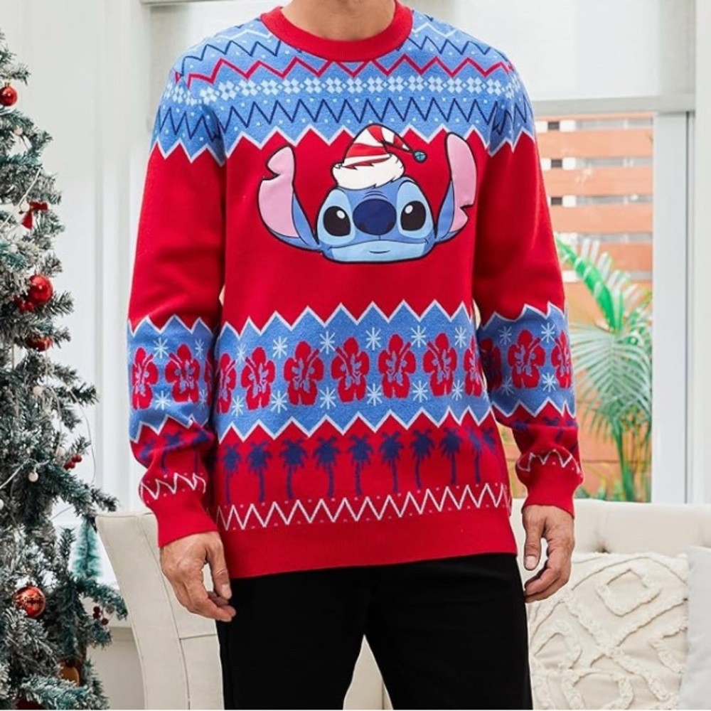 Disney Men Stitch Christmas Snow Long Sleeve Crew Neck Pullover Sweater Top